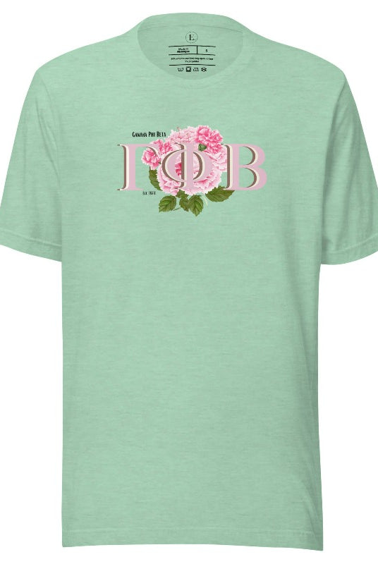Are you looking for a way to show off your Gamma Phi Beta pride? Look no further than our sorority t-shirt design! Our shirts feature the sorority letters and a beautiful pink carnation, representing the values of sisterhood and beauty that Gamma Phi Beta stands for on a heather prism mint shirt