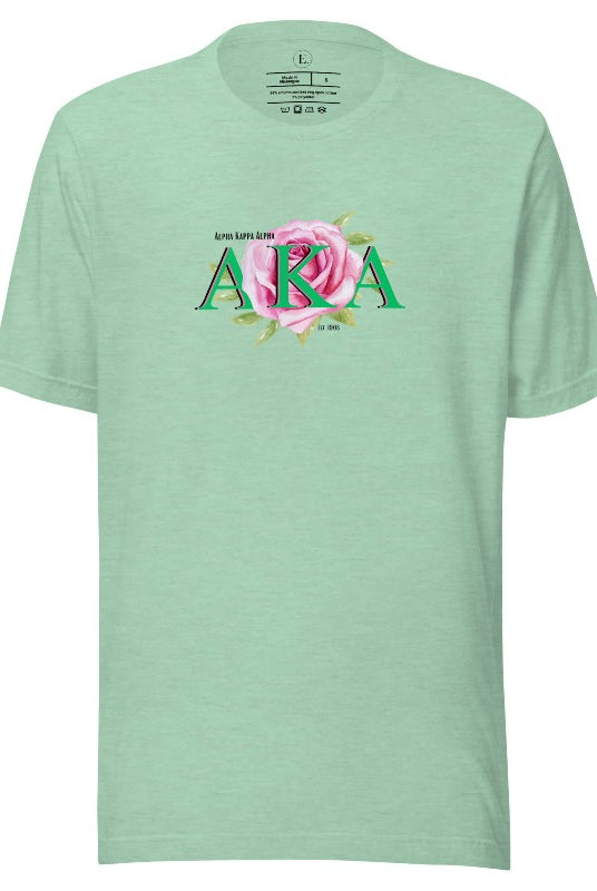 Show off your Kappa Alpha Kappa sisterhood with our stunning t-shirt featuring the sorority letters and the graceful pink tea rose on a heather prism mint shirt. 
