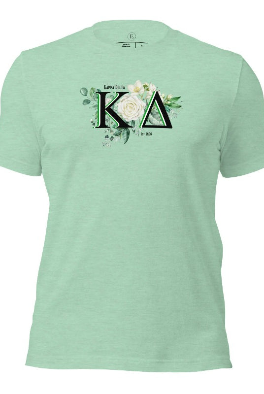 Elevate your Kappa Delta sisterhood with our stunning t-shirt, featuring the sorority letters and the elegant white rose on a heather prism mint shirt. 