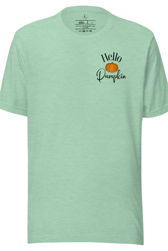 Say hello to autumn with our adorable t-shirt. It features a pumpkin on the front pocket and the playful phrase 'Hello Pumpkin,' this design captures the spirit of the season on a heather prism mint colored shirt. 