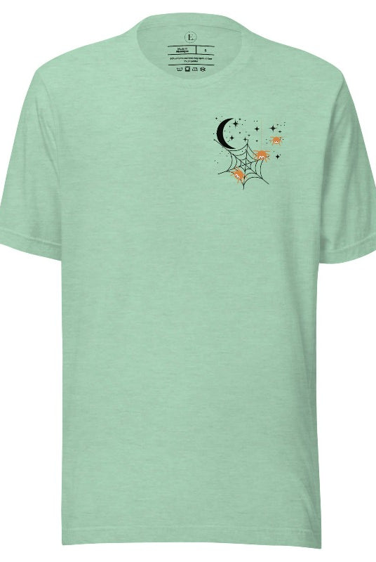 Embrace the enchanting night sky with our captivating t-shirt. Featuring a crescent moon, stars, and a spiderweb with three adorable spiders hanging down on the front pocket on a heather prism mint shirt. 