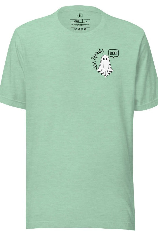 Get into the Halloween spirit with our spooktacular t-shirt. Featuring a friendly ghost holding a sign that says 'Boo' and the playful phrase "Stay Spooky" on a heather prism mint shirt. 