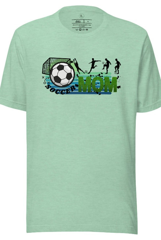 Support your soccer star on and off the field with our Soccer Mom t-shirt. Crafted with soft, breathable fabric, this shirt ensures comfort all day long. It's trendy design showcases your love for the game and your role as a proud soccer mom on a heather prism mint shirt. 