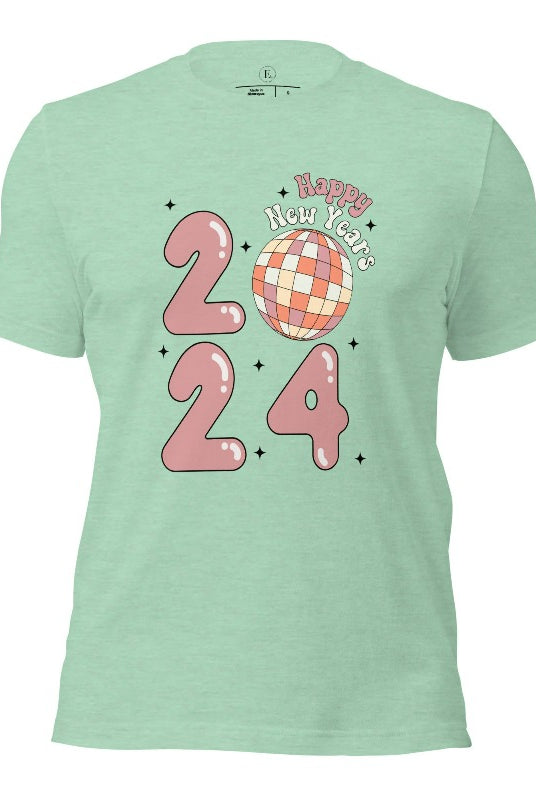 Step into the new year in dazzling style with our 'Happy New Year 2024' shirt. Featuring a shimmering disco ball as the '0' this eye catching design exudes festivity and fun on a heather prism mint shirt. 