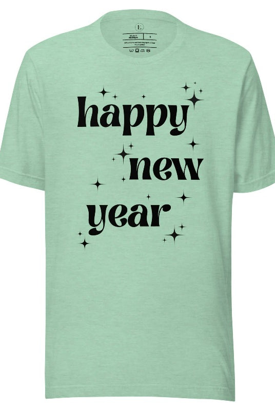 Ring in the New Year with our stunning Happy New Year shirt featuring captivating modern star designs on a heather prism mint shirt. 