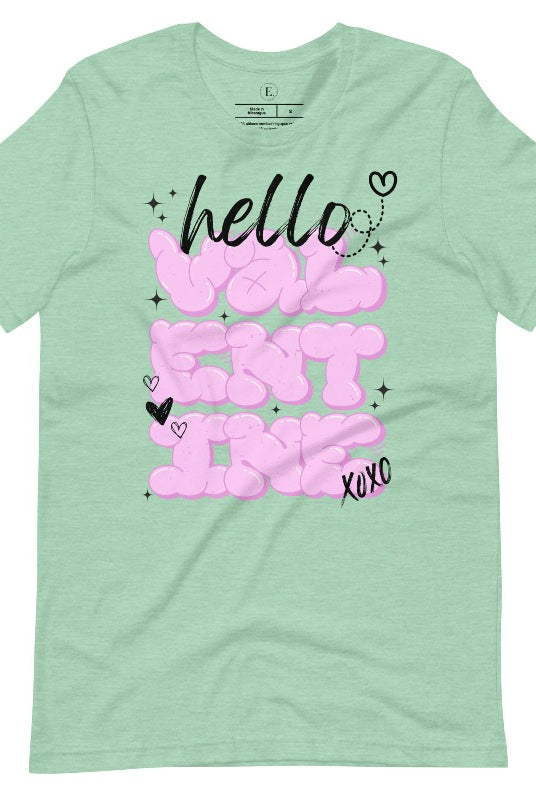 Make a bold statement this Valentine's Day with our street-style graffiti tee! Featuring "Hello Valentine" In eye-catching bubble lettering, on a heather prism mint shirt. 