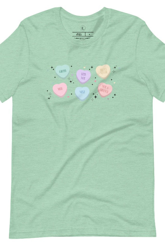 Embrace a humorous take on Valentine's Day with our shirt featuring candy hearts with unconventional messages like "Gross," "Not a Chance," "Next," "Truly Never," "Meh," "Not a Chance," and "Let's Not" on a heather prism mint shirt. 