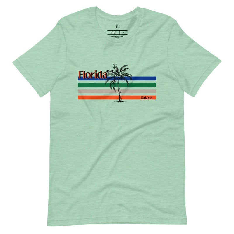 Celebrate your love for the Florida Gators with our modern-inspired retro t-shirt. It captures the essence of campus life, featuring school colors in lines and a palm tree motif on a heather prism mint shirt. 
