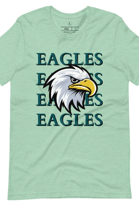 Get ready to soar high with our Bella Canvas 3001 unisex graphic t-shirt! Show your love for the Philadelphia Eagles NFL football team with our "Eagles Eagles Eagles Eagles" tee featuring a majestic American Eagle illustration on a heather prism mint shirt.