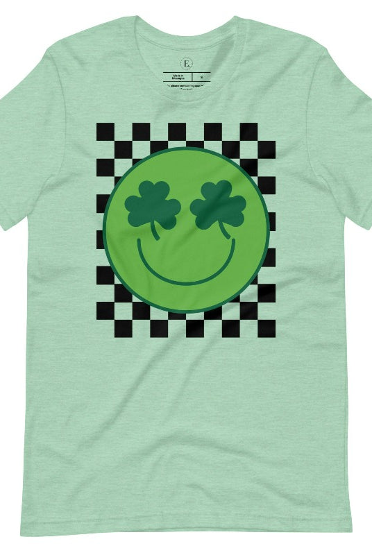 Get in the Saint Patrick's Day spirit with our Bella Canvas 3001 unisex graphic t-shirt! This unique design features a retro green smiley face with shamrock eyes, perfect for those seeking a festive and nostalgic look on a heather prism mint shirt. 