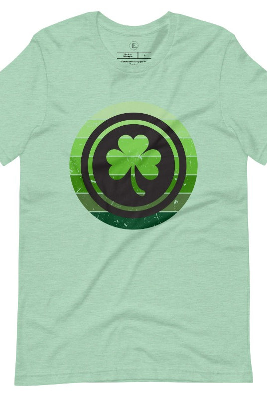 Get your ultimate Saint Patrick's Day attire with our Bella Canvas 3001 unisex graphic t-shirt! Featuring a captivating circle design in various shades of green, topped with a prominent shamrock, on a heather prism mint shirt. 