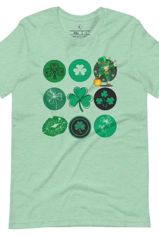 Celebrate Saint Patrick's Day in style with our Bella Canvas 3001 unisex graphic t-shirt! Get ready for the luckiest day of the year with our festive design featuring 3 rows of 3 vibrant and whimsical Saint Patrick's Day images on a heather prism mint shirt. 