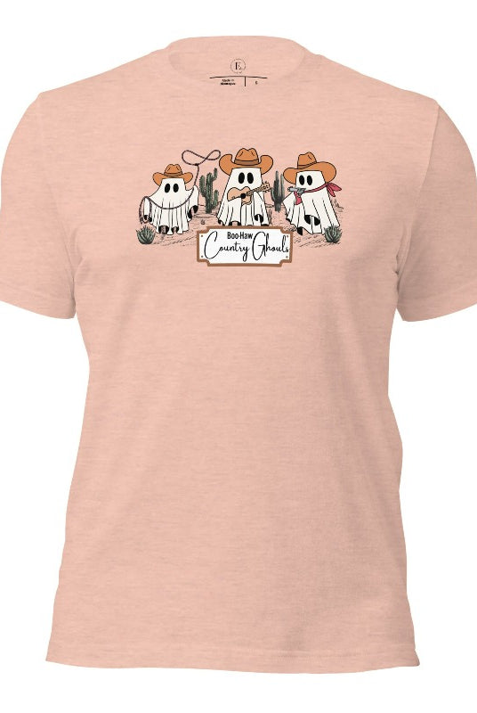 Boo-haw! Get ready for a hauntingly good time with our country ghost shirt. Featuring a spirited spectator donning cowboy hat, this shirt combines Halloween with country charm. The clever play on words, ' Country Ghouls,' adds a fun twist on a heather prism peach colored shirt. 