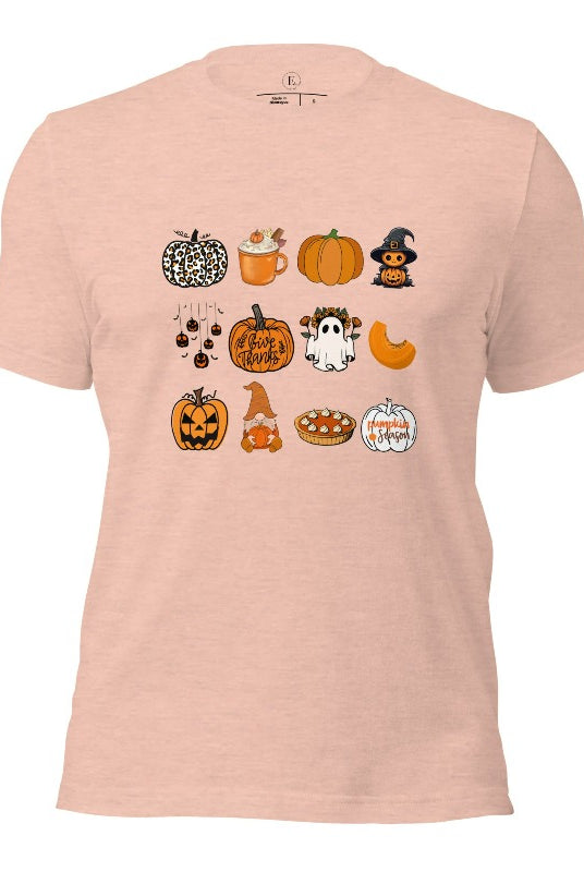 Celebrate Halloween with our captivating pumpkin-themed shirt! This design is perfect for pumpkin enthusiasts and casual wear. Let the pumpkins take center stage on a heather prism peach shirt. 
