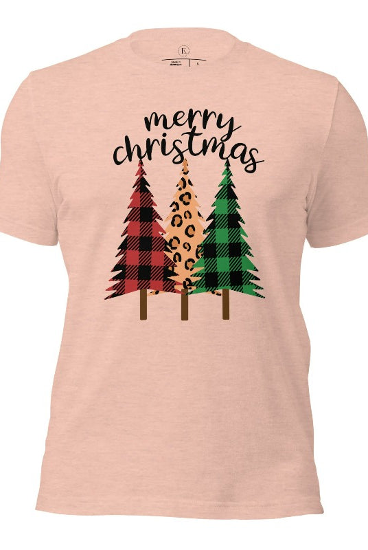 Get ready to unleash your wild side this Christmas with our unique shirt. This design is a bold and playful take on the holiday season, featuring three Christmas trees adorned with fierce cheetah print on a heather prism peach colored shirt. 