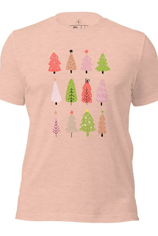 Upgrade your holiday fashion with our contemporary Christmas shirt. The shirt features three rows of multiple different modern Christmas trees in each row, creating a trendy and charming design on a heather prism peach colored shirt. 