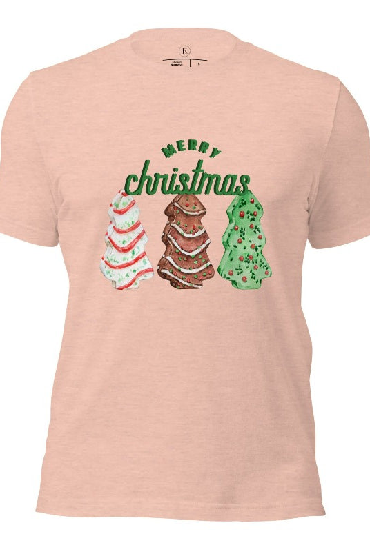 Relive the nostalgia of your childhood with our Christmas shirt that features the beloved classic Christmas tree cookies on a heather prism peach shirt.
