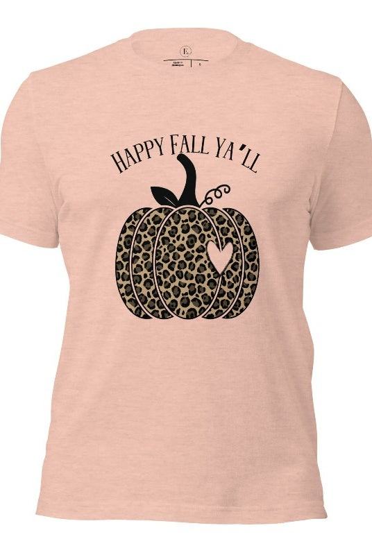 Get ready for fall with our adorable cheetah pumpkin shirt. Featuring a charming design of a cheetah pumpkin with a heart, it's the perfect blend of style and seasonal spirit. Spread the autumn cheer with the saying 'Happy Fall Ya'll' and embrace the coziness of the season on a heather prism peach colored shirt. 