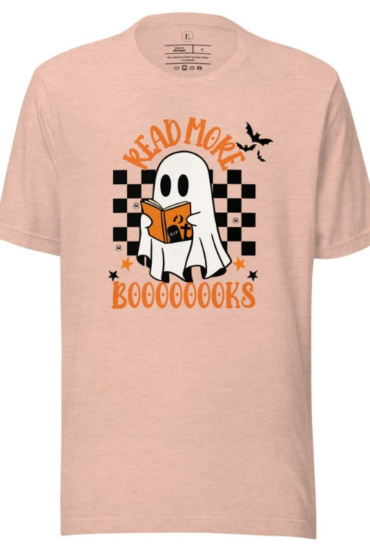 Read More Booooks is a ghost reading a book in front of a checkered background on a heather prism peach colored shirt.