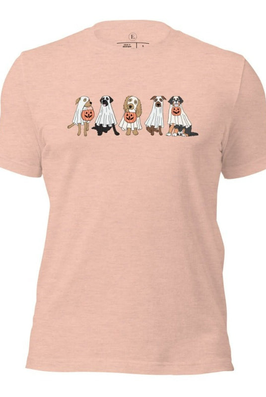 5 dogs dressed as ghost getting ready to trick or treat on a heather prism peach colored t-shirt.