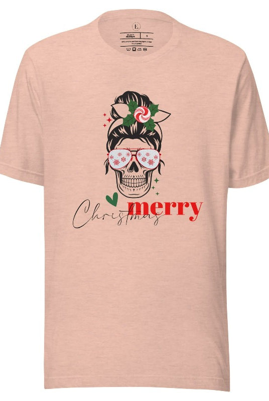 Get into the festive spirit with our Merry Christmas messy bun skull shirt design on a heather prism peach colored shirt.