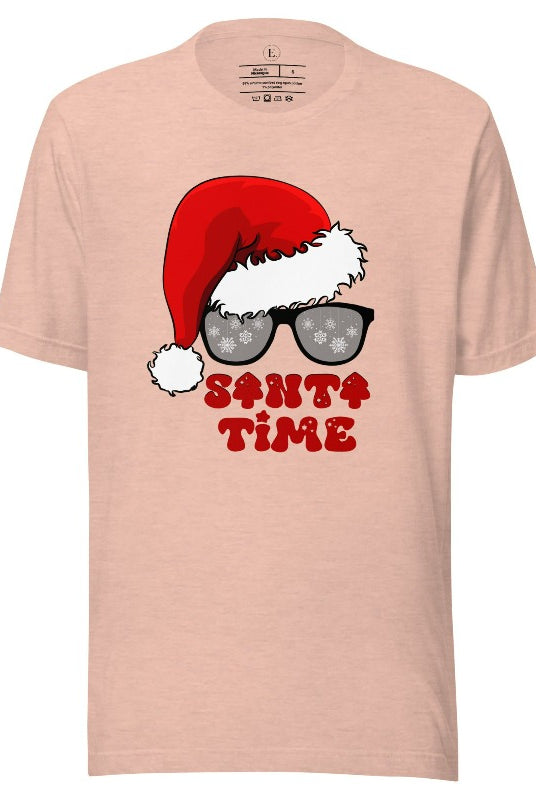 Gear up for the holiday season with our men's Christmas Shirt featuring a Santa hat, Christmas sunglasses on a heather prism peach colored shirt. 