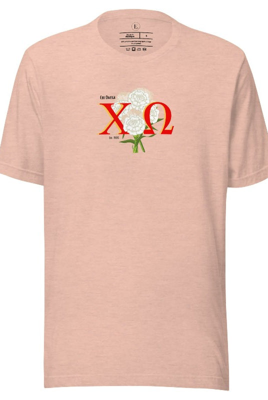 Show off your Chi Omega spirit with our stunning sorority t-shirt design! This shirt is designed with the sorority letters and a beautiful white carnation on a heather prism peach shirt. 