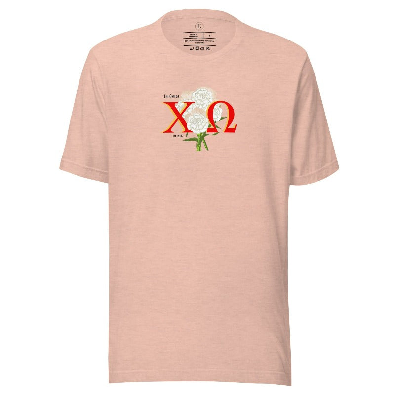 Show off your Chi Omega spirit with our stunning sorority t-shirt design! This shirt is designed with the sorority letters and a beautiful white carnation on a heather prism peach shirt. 