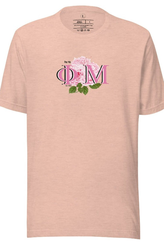 Looking for a stylish t-shirt to elevate your Phi Mu sisterhood? Our design features the sorority letters and beautiful pink carnations on a heather prism peach shirt. 