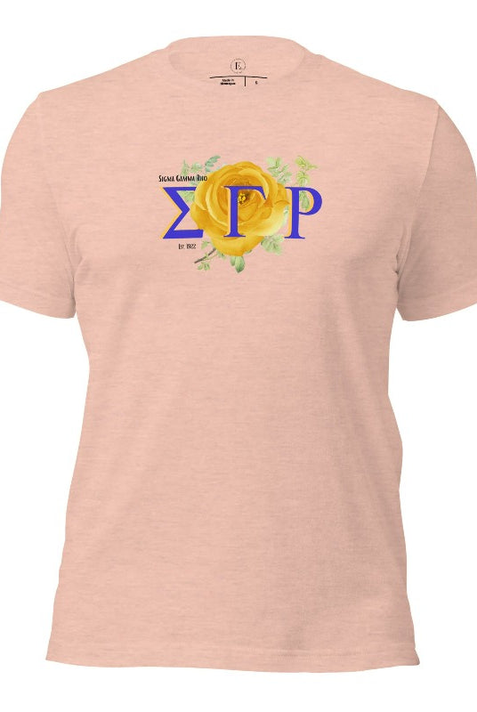 Looking for a stylish way to show your pride for Sigma Gamma Rho? Our stunning t-shirt features the sorority letters and a vibrant yellow tea rose on a heather prism peach shirt. 