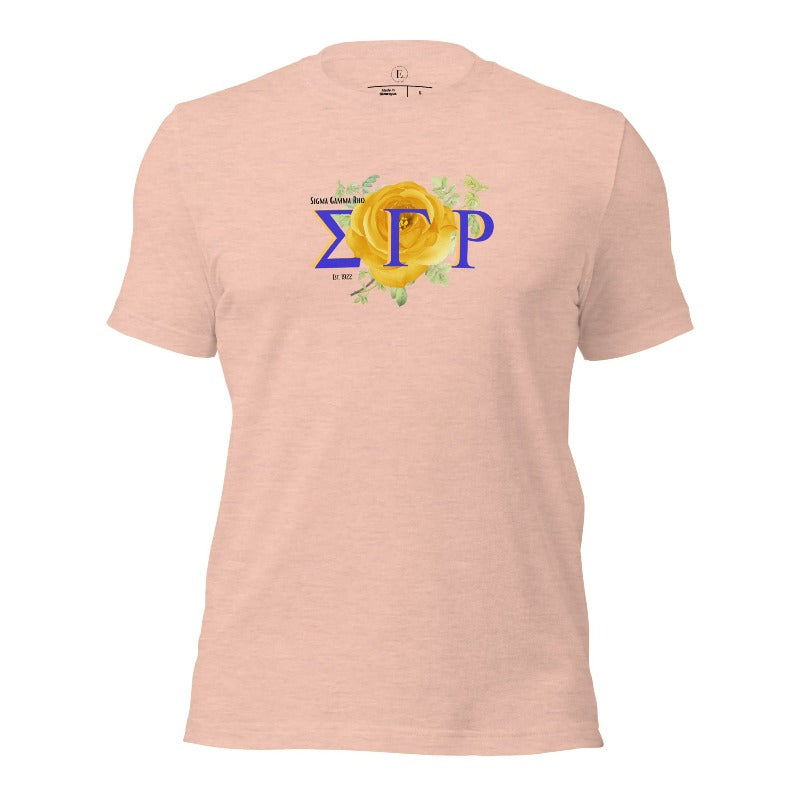 Looking for a stylish way to show your pride for Sigma Gamma Rho? Our stunning t-shirt features the sorority letters and a vibrant yellow tea rose on a heather prism peach shirt. 