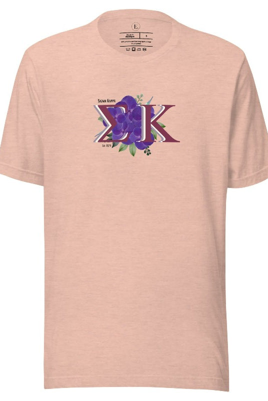 Looking for a way to showcase your Sigma Kappa pride? Look no further than our stylish t-shirt, featuring the sorority's iconic letters and the enchanting wild purple violets on a heather prism peach shirt. 