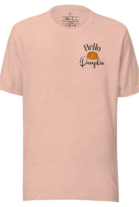 Say hello to autumn with our adorable t-shirt. It features a pumpkin on the front pocket and the playful phrase 'Hello Pumpkin,' this design captures the spirit of the season on a heather prism peach colored shirt. 