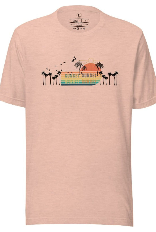 Transport yourself to a nostalgic beach getaway with our Retro Beach Shirt. Adorned with a captivating scene of a vintage sunset, palm trees, and seagulls soaring above on a heather prism peach shirt. 