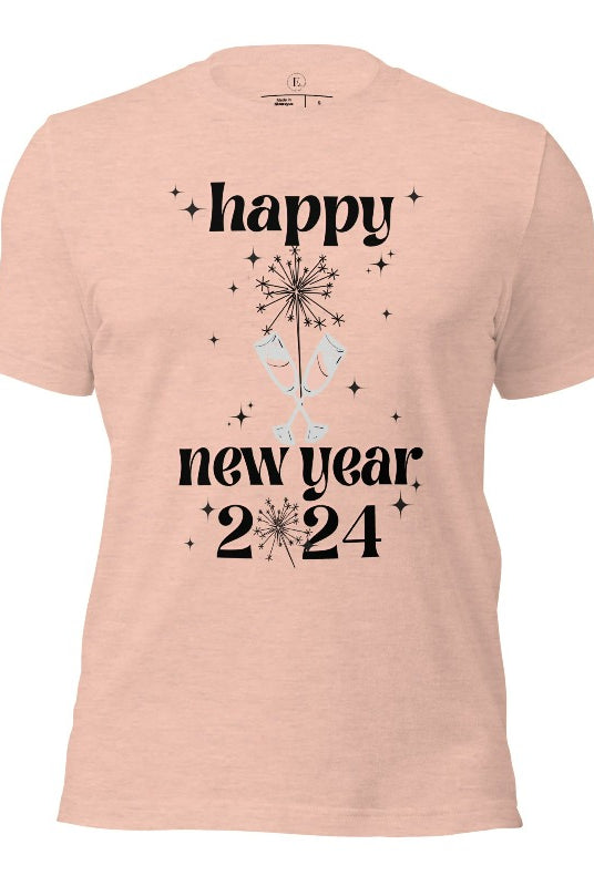 Welcome 2024 in sparkling style with our 'Happy New Year 2024' shirt. Adorned with two clinking champagne glasses amidst fireworks on a heather prism peach shirt. 