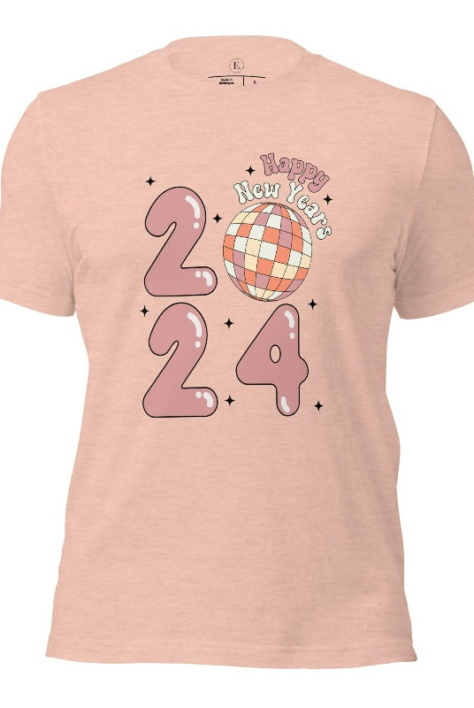 Step into the new year in dazzling style with our 'Happy New Year 2024' shirt. Featuring a shimmering disco ball as the '0' this eye catching design exudes festivity and fun on a heather prism peach shirt. 