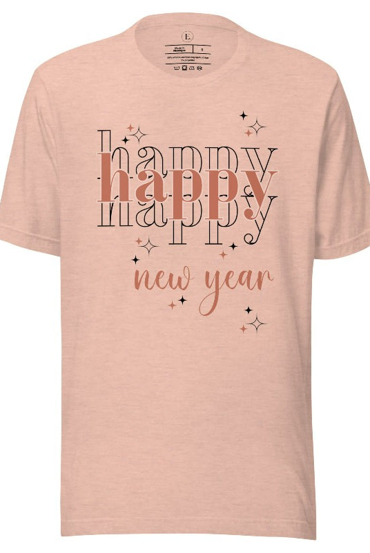 Celebrate in style with our 'Happy Happy Happy New Year' shirt. Embrace the joy of the season with this vibrant design, perfect for ringing in the new year. Crafted with comfort in mind and bursting with festive cheer, on a heather prism peach shirt. 