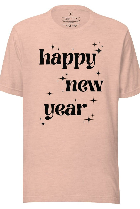 Ring in the New Year with our stunning Happy New Year shirt featuring captivating modern star designs on a heather prism peach shirt. 