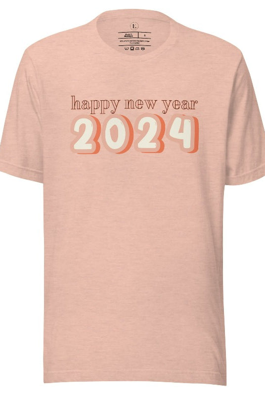 Welcome 2024 in style with our exclusive Happy New Year shirt design! Featuring vibrant graphics and festive typography, this high- quality on a heather prism peach shirt. 