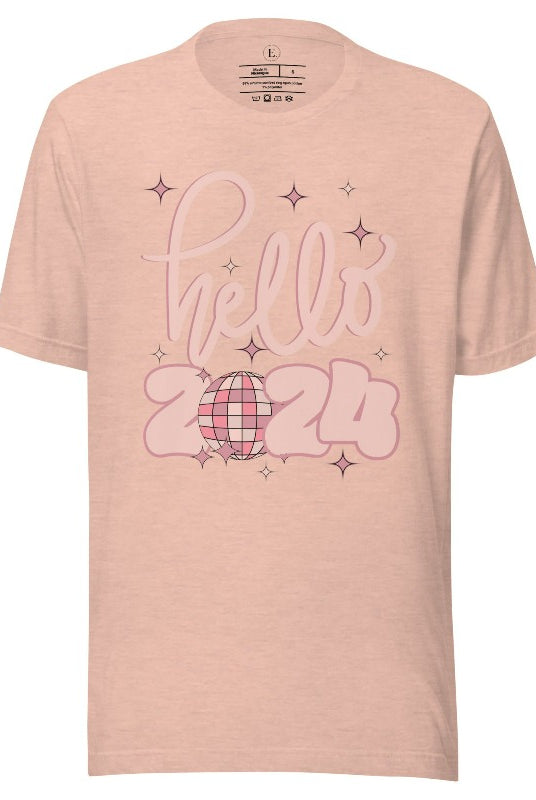 Say hello to 2024 in style with our exclusive 'Hello 2024' shirt. This sleek design captures the essence of new beginnings, on a heather prism peach shirt. 