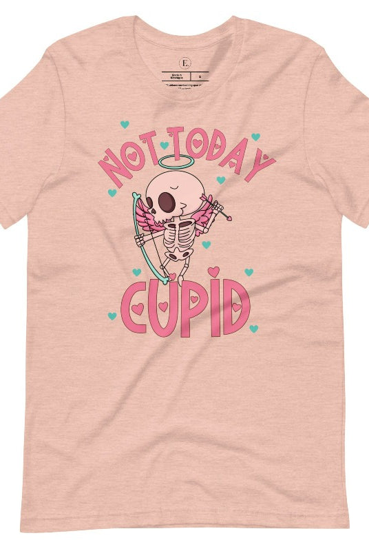 Unleash your rebellious spirit this Valentine's Day with our edgy shirt featuring a skeleton Cupid. The bold "Not Today Cupid" message adds a touch of attitude, making this tee a standout choice for those who march to the beat of their own drum on a heather prism peach shirt. 