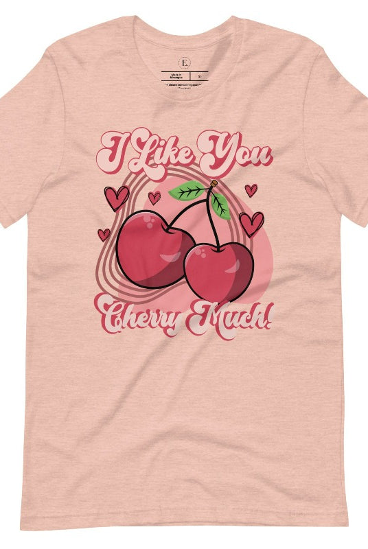 Express your affection with our charming Valentine's Day shirt! Featuring adorable cherries and the sweet message " I Love You Cherry Much," on a heather prism peach shirt. 