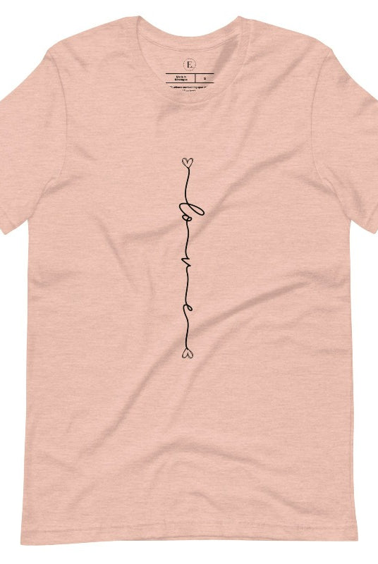 Elevate your everyday look with with our modern and trendy simple shirt, featuring the word "Love" elegantly displayed horizontally down the center of a heather prism peach shirt. 