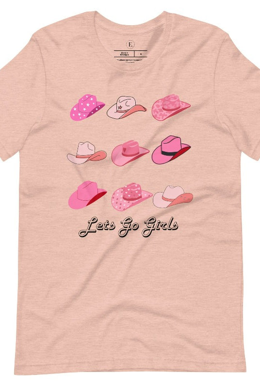 Get ready to wrangle in style with our country western shirt collection. Featuring a variety of pink cowboy hats and the classic phrase "Let's Go Girls," on a heather prism peach shirt. 
