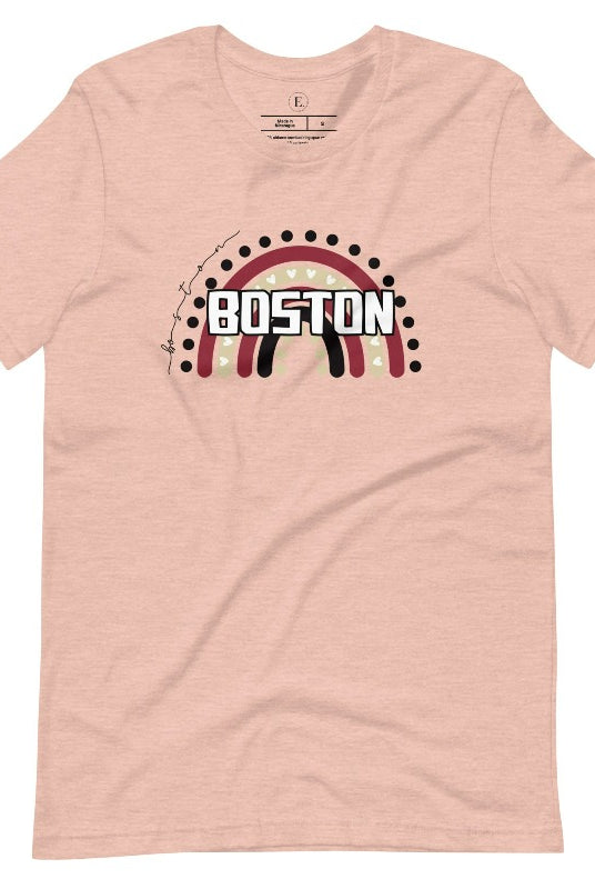 Show off your pride with this Boston College t-shirt. The iconic BC school colors stands out in this modern and trendy rainbow background, representing the school spirit. With the classic Boston wordmark across the rainbow on a heather prism peach colored shirt. 