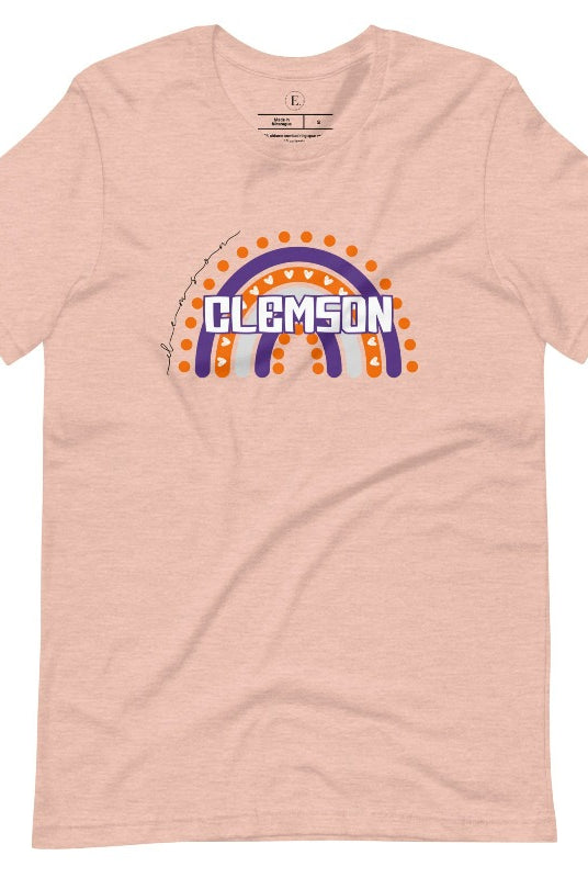 Celebrate your love for Clemson University with our colorful college t-shirt that showcases the beautiful Clemson colors that creates a stunning rainbow backdrop, with the schools name atop a peach shirt. 