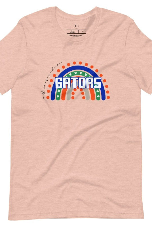 Show off your UF spirit in style with this boho-inspired t-shirt from the University of Florida. The UF colors stands out on this vibrant rainbow background, displaying the school's mascot name in a trendy and unique way on a heather prism peach shirt. 