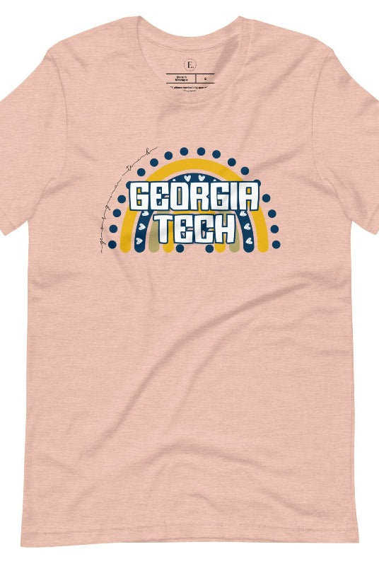 Elevate your Georgia Tech pride with this boho-inspired university t-shirt. The Georgia Tech colors shine through on a vibrant rainbow background, showcasing the school's name in a trendy and unique way on a heather prism peach shirt. 