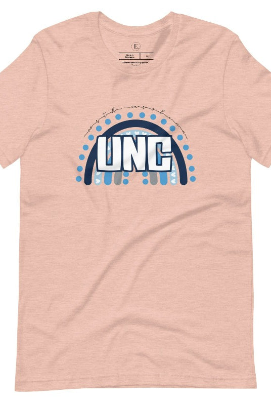 Check out this eye-catching t-shirt designed, featuring the iconic UNC letters set against a vibrant rainbow backdrop. Not only does it let you show off your school spirit, it also sends a trendy and powerful school spirit vibe on a heather prism peach shirt. 