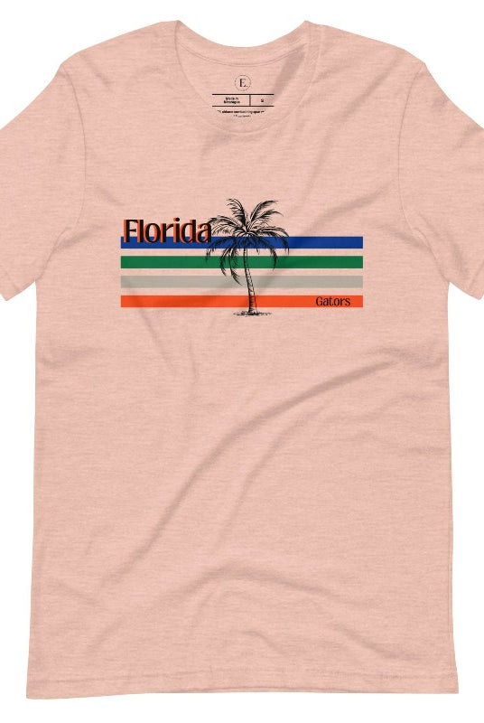 Celebrate your love for the Florida Gators with our modern-inspired retro t-shirt. It captures the essence of campus life, featuring school colors in lines and a palm tree motif on a heather prism peach shirt. 